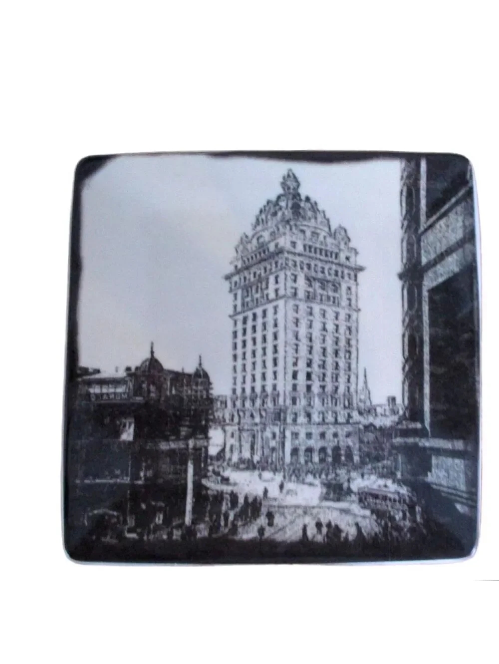 Pottery Barn City Appetizer Plate 5.5” Square Book Tower Detroit Black White